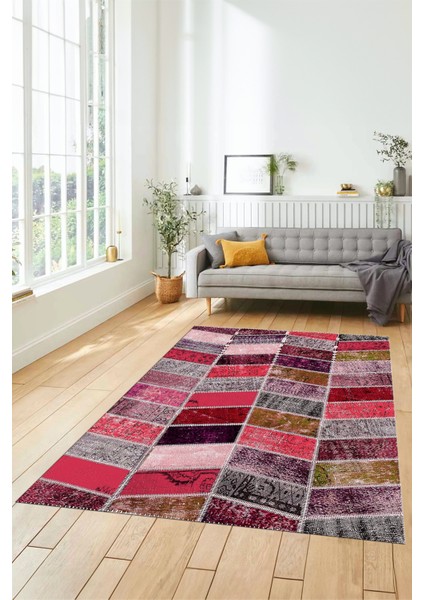 Dijital Kaymaz Taban Yıkanabilir Patchwork Desen Yolluk Mutfak Salon Halısı, Patchwork-10-Kırmızı,