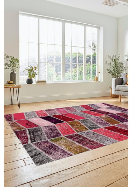 Dijital Kaymaz Taban Yıkanabilir Patchwork Desen Yolluk Mutfak Salon Halısı, Patchwork-10-Kırmızı,