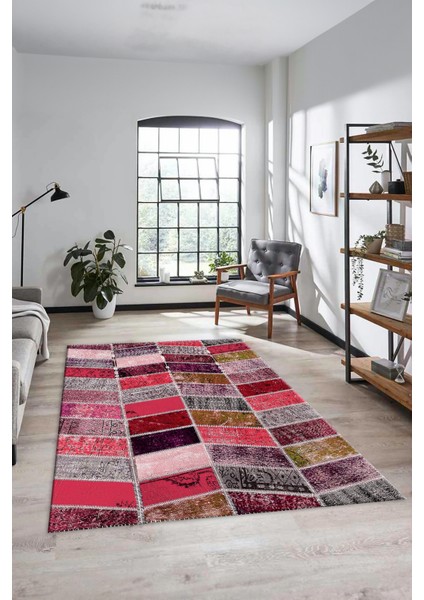 Dijital Kaymaz Taban Yıkanabilir Patchwork Desen Yolluk Mutfak Salon Halısı, Patchwork-10-Kırmızı,