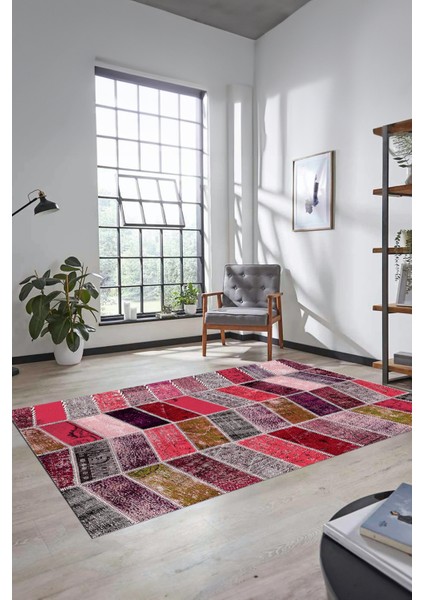 Dijital Kaymaz Taban Yıkanabilir Patchwork Desen Yolluk Mutfak Salon Halısı, Patchwork-10-Kırmızı,