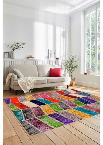 Dijital Kaymaz Taban Yıkanabilir Patchwork Desen Yolluk Mutfak Salon Halısı, Patchwork-10-Renkli,