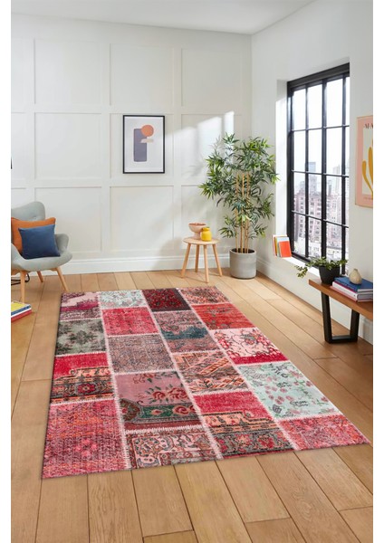 Dijital Kaymaz Taban Yıkanabilir Patchwork Desen Yolluk Mutfak Salon Halısı, Patchwork-04-Kırmızı,