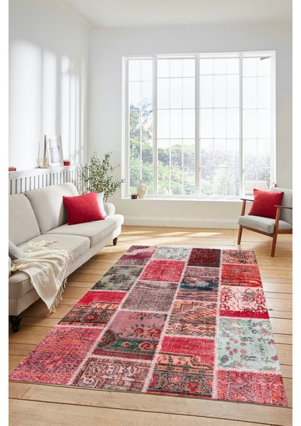 Dijital Kaymaz Taban Yıkanabilir Patchwork Desen Yolluk Mutfak Salon Halısı, Patchwork-04-Kırmızı, modelleri