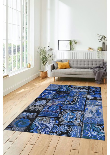 Dijital Kaymaz Taban Yıkanabilir Patchwork Desen Yolluk Mutfak Salon Halısı, Patchwork-12-Mavi,