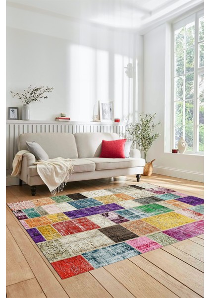 Dijital Kaymaz Taban Yıkanabilir Patchwork Desen Yolluk Mutfak Salon Halısı, Patchwork-03-Renkli,