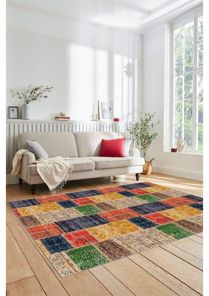 Dijital Kaymaz Taban Yıkanabilir Patchwork Desen Yolluk Mutfak Salon Halısı, Patchwork-07-Renkli,