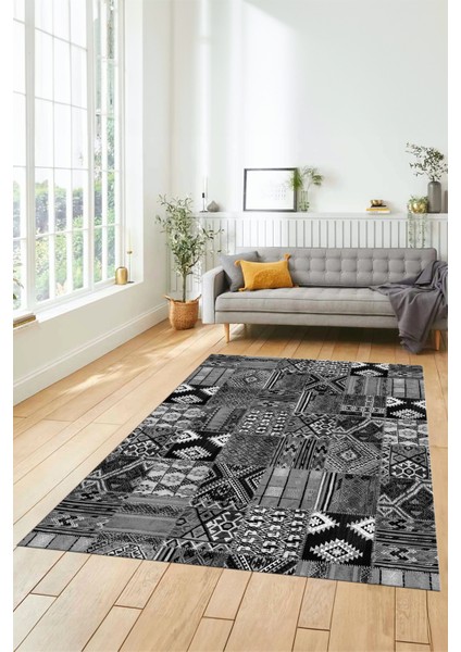 Dijital Kaymaz Taban Yıkanabilir Patchwork Desen Yolluk Mutfak Salon Halısı, Patchwork-06-Gri,