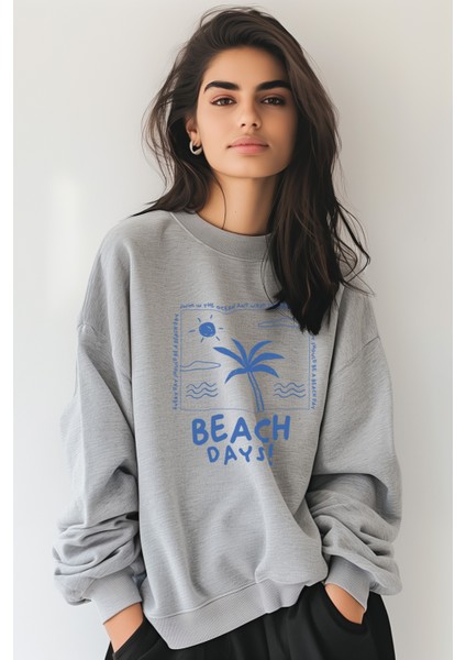 Beach Days Oversize Sweatshirt Kadın - Gri
