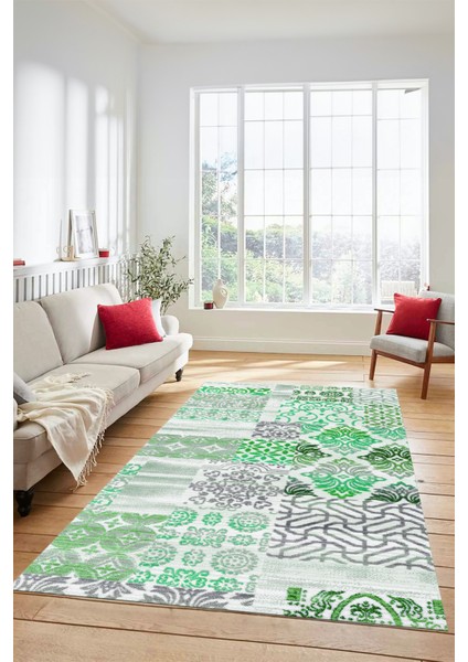 Dijital Kaymaz Taban Yıkanabilir Patchwork Desen Yolluk Mutfak Salon Halısı, Patchwork-02-Yeşil,