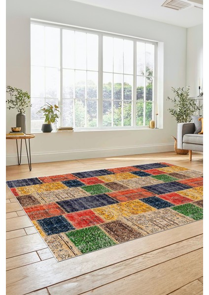 Dijital Kaymaz Taban Yıkanabilir Patchwork Desen Yolluk Mutfak Salon Halısı, Patchwork-07-Renkli,