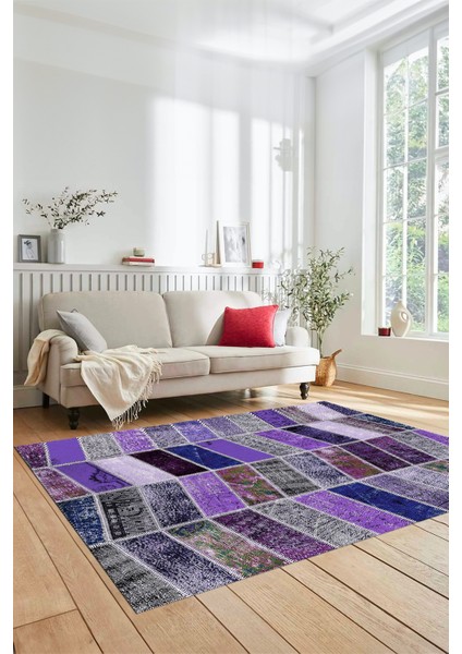 Dijital Kaymaz Taban Yıkanabilir Patchwork Desen Yolluk Mutfak Salon Halısı, Patchwork-10-Mor,