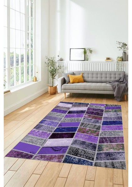 Dijital Kaymaz Taban Yıkanabilir Patchwork Desen Yolluk Mutfak Salon Halısı, Patchwork-10-Mor,