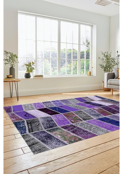 Dijital Kaymaz Taban Yıkanabilir Patchwork Desen Yolluk Mutfak Salon Halısı, Patchwork-10-Mor,