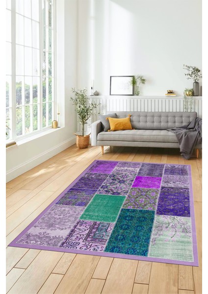 Dijital Kaymaz Taban Yıkanabilir Patchwork Desen Yolluk Mutfak Salon Halısı, Patchwork-01-Mor,