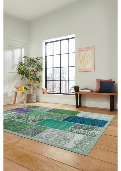 Dijital Kaymaz Taban Yıkanabilir Patchwork Desen Yolluk Mutfak Salon Halısı, Patchwork-01-Yeşil,