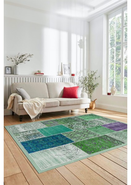 Dijital Kaymaz Taban Yıkanabilir Patchwork Desen Yolluk Mutfak Salon Halısı, Patchwork-01-Yeşil,