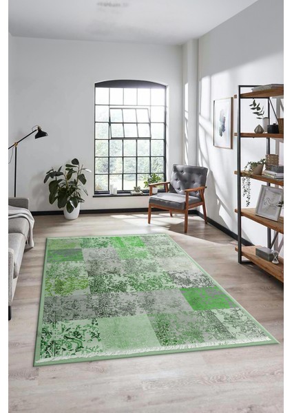 Dijital Kaymaz Taban Yıkanabilir Patchwork Desen Yolluk Mutfak Salon Halısı, Patchwork-17-Yeşil,