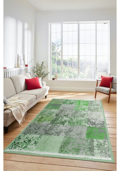 Dijital Kaymaz Taban Yıkanabilir Patchwork Desen Yolluk Mutfak Salon Halısı, Patchwork-17-Yeşil,