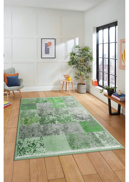 Dijital Kaymaz Taban Yıkanabilir Patchwork Desen Yolluk Mutfak Salon Halısı, Patchwork-17-Yeşil,