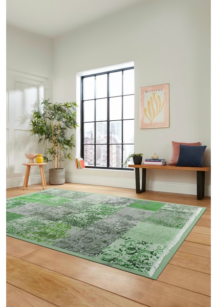 Dijital Kaymaz Taban Yıkanabilir Patchwork Desen Yolluk Mutfak Salon Halısı, Patchwork-17-Yeşil,