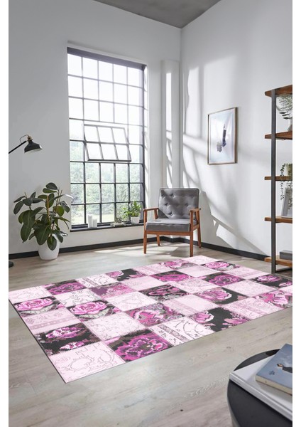Dijital Kaymaz Taban Yıkanabilir Patchwork Desen Yolluk Mutfak Salon Halısı, Patchwork-19-Pembe,