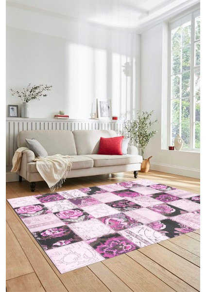 Dijital Kaymaz Taban Yıkanabilir Patchwork Desen Yolluk Mutfak Salon Halısı, Patchwork-19-Pembe, indirimleri