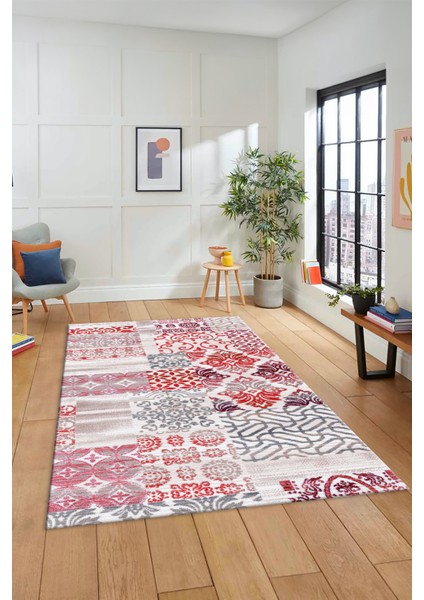 Dijital Kaymaz Taban Yıkanabilir Patchwork Desen Yolluk Mutfak Salon Halısı, Patchwork-02-Kırmızı,