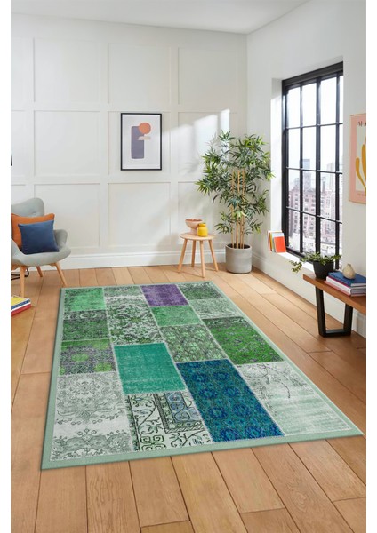 Dijital Kaymaz Taban Yıkanabilir Patchwork Desen Yolluk Mutfak Salon Halısı, Patchwork-01-Yeşil,