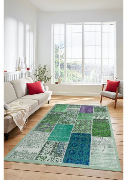 Dijital Kaymaz Taban Yıkanabilir Patchwork Desen Yolluk Mutfak Salon Halısı, Patchwork-01-Yeşil,