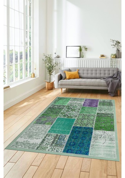Dijital Kaymaz Taban Yıkanabilir Patchwork Desen Yolluk Mutfak Salon Halısı, Patchwork-01-Yeşil,