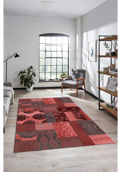 Dijital Kaymaz Taban Yıkanabilir Patchwork Desen Yolluk Mutfak Salon Halısı, Patchwork-16-Kırmızı,