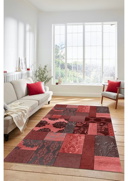 Dijital Kaymaz Taban Yıkanabilir Patchwork Desen Yolluk Mutfak Salon Halısı, Patchwork-16-Kırmızı,