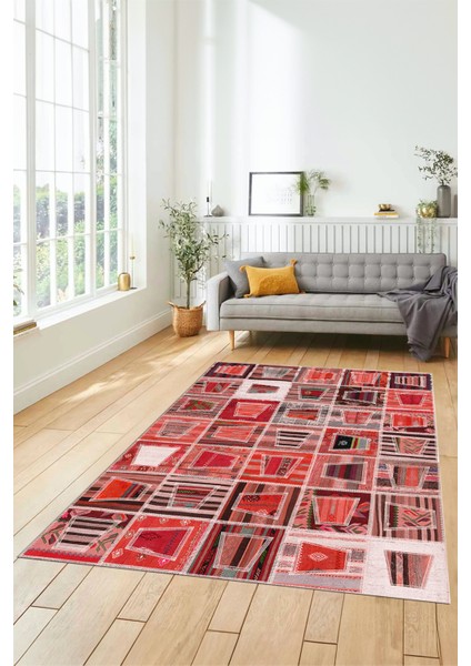Dijital Kaymaz Taban Yıkanabilir Patchwork Desen Yolluk Mutfak Salon Halısı, Patchwork-11-Kırmızı,