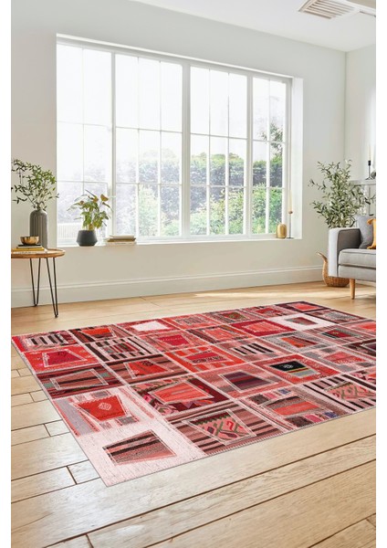 Dijital Kaymaz Taban Yıkanabilir Patchwork Desen Yolluk Mutfak Salon Halısı, Patchwork-11-Kırmızı,