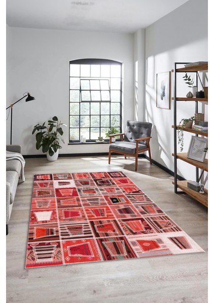 Dijital Kaymaz Taban Yıkanabilir Patchwork Desen Yolluk Mutfak Salon Halısı, Patchwork-11-Kırmızı,