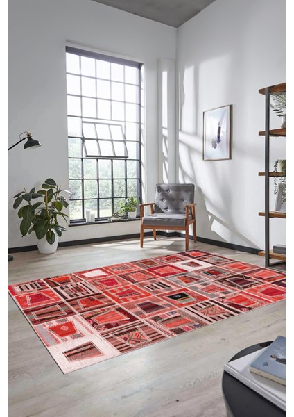 Dijital Kaymaz Taban Yıkanabilir Patchwork Desen Yolluk Mutfak Salon Halısı, Patchwork-11-Kırmızı,