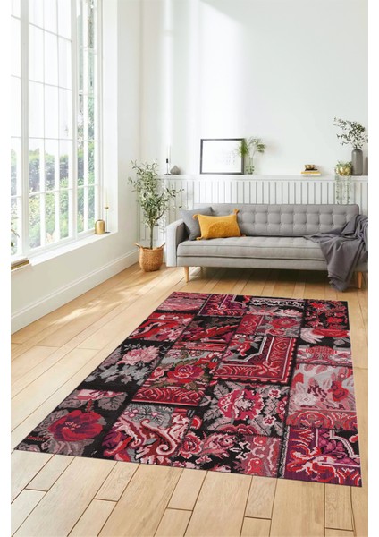 Dijital Kaymaz Taban Yıkanabilir Patchwork Desen Yolluk Mutfak Salon Halısı, Patchwork-12-Kırmızı,