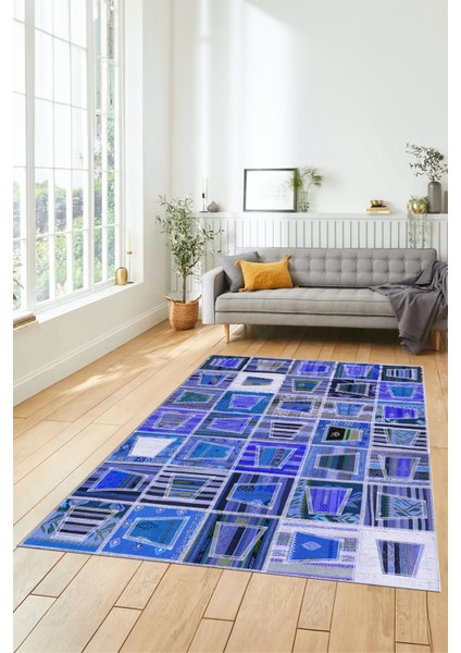 Dijital Kaymaz Taban Yıkanabilir Patchwork Desen Yolluk Mutfak Salon Halısı, Patchwork-11-Mavi,