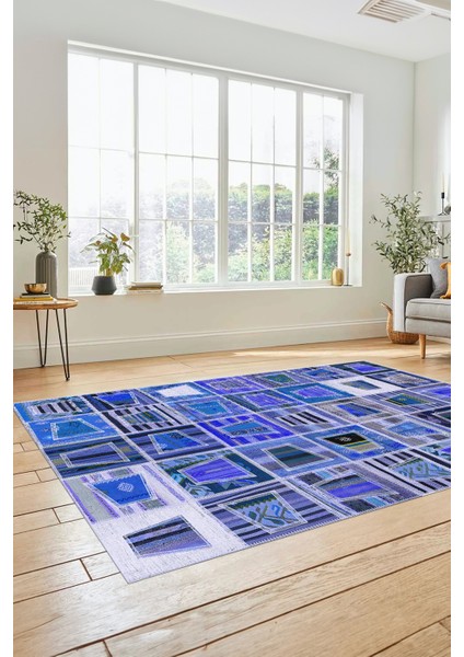 Dijital Kaymaz Taban Yıkanabilir Patchwork Desen Yolluk Mutfak Salon Halısı, Patchwork-11-Mavi,