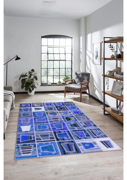 Dijital Kaymaz Taban Yıkanabilir Patchwork Desen Yolluk Mutfak Salon Halısı, Patchwork-11-Mavi,