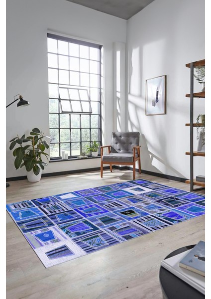 Dijital Kaymaz Taban Yıkanabilir Patchwork Desen Yolluk Mutfak Salon Halısı, Patchwork-11-Mavi,