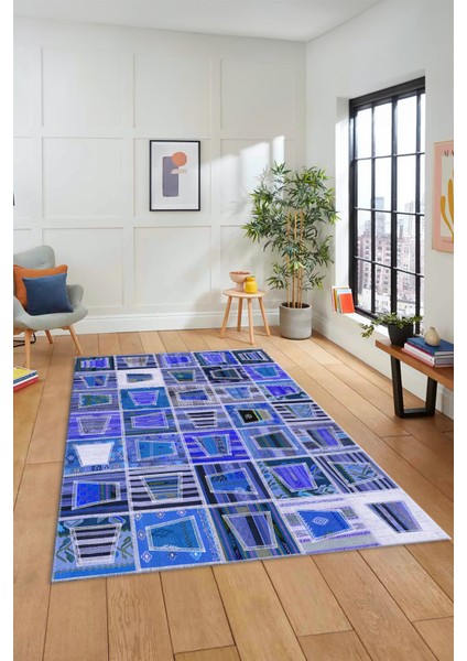 Dijital Kaymaz Taban Yıkanabilir Patchwork Desen Yolluk Mutfak Salon Halısı, Patchwork-11-Mavi,