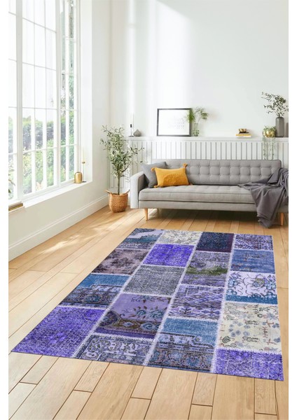 Dijital Kaymaz Taban Yıkanabilir Patchwork Desen Yolluk Mutfak Salon Halısı, Patchwork-04-Mavi,