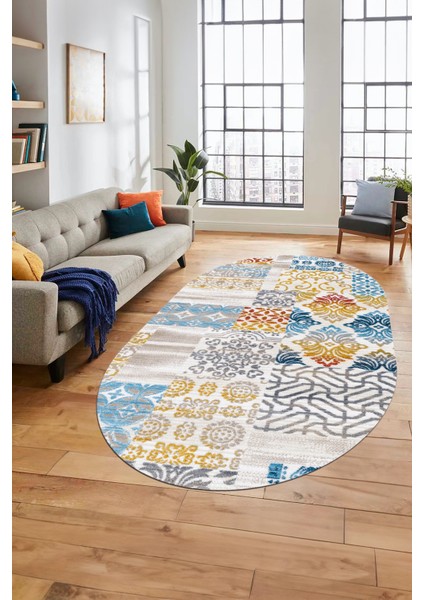 Baskılı Kaymaz Taban Yıkanabilir Patchwork Desen Oval Yolluk Salon Halısı, O-Patchwork-02-Renkli,