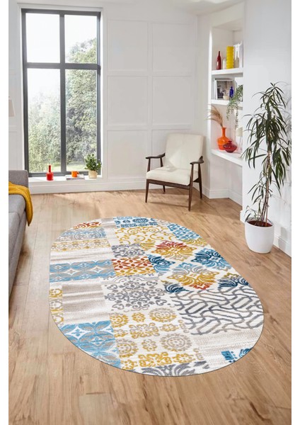 Baskılı Kaymaz Taban Yıkanabilir Patchwork Desen Oval Yolluk Salon Halısı, O-Patchwork-02-Renkli, modelleri