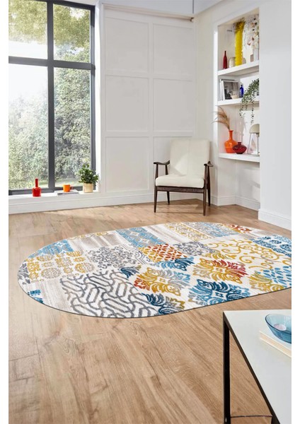 Baskılı Kaymaz Taban Yıkanabilir Patchwork Desen Oval Yolluk Salon Halısı, O-Patchwork-02-Renkli, fırsatları