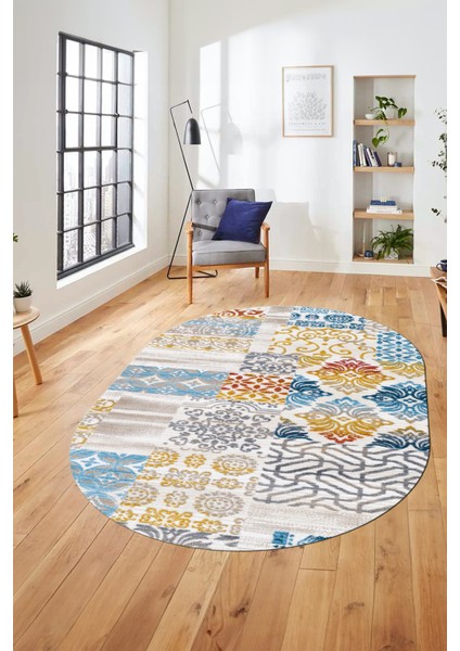 Baskılı Kaymaz Taban Yıkanabilir Patchwork Desen Oval Yolluk Salon Halısı, O-Patchwork-02-Renkli, indirimleri