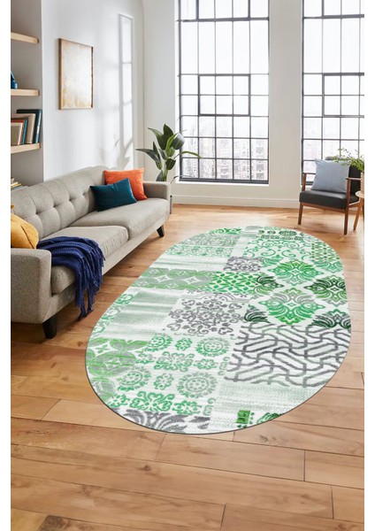 Baskılı Kaymaz Taban Yıkanabilir Patchwork Desen Oval Yolluk Salon Halısı, O-Patchwork-02-Yeşil,