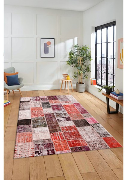 Dijital Kaymaz Taban Yıkanabilir Patchwork Desen Yolluk Mutfak Salon Halısı, Patchwork-03-Kırmızı,