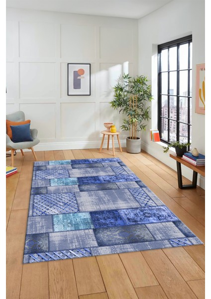 Dijital Kaymaz Taban Yıkanabilir Patchwork Desen Yolluk Mutfak Salon Halısı, Patchwork-18-Mavi,